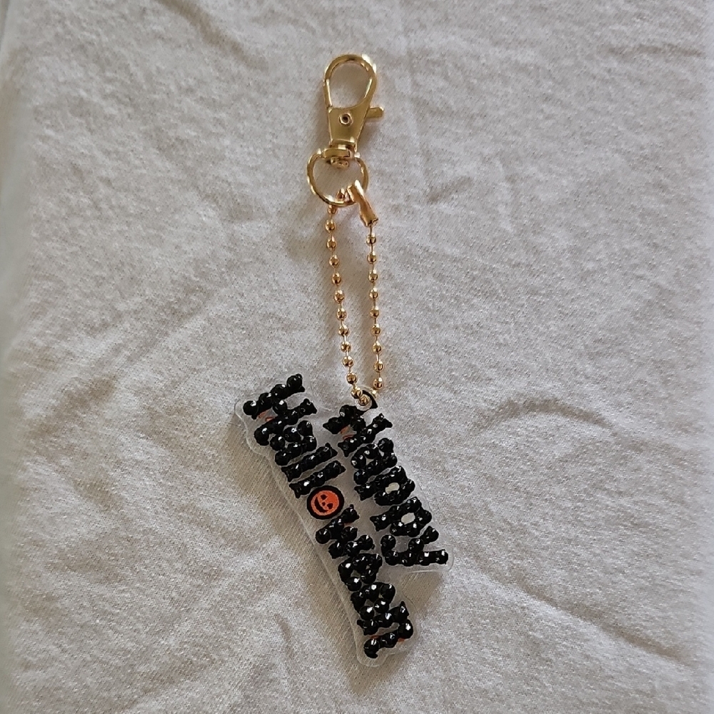 Rhinestone Happy Halloween Keychain with Gold Clip